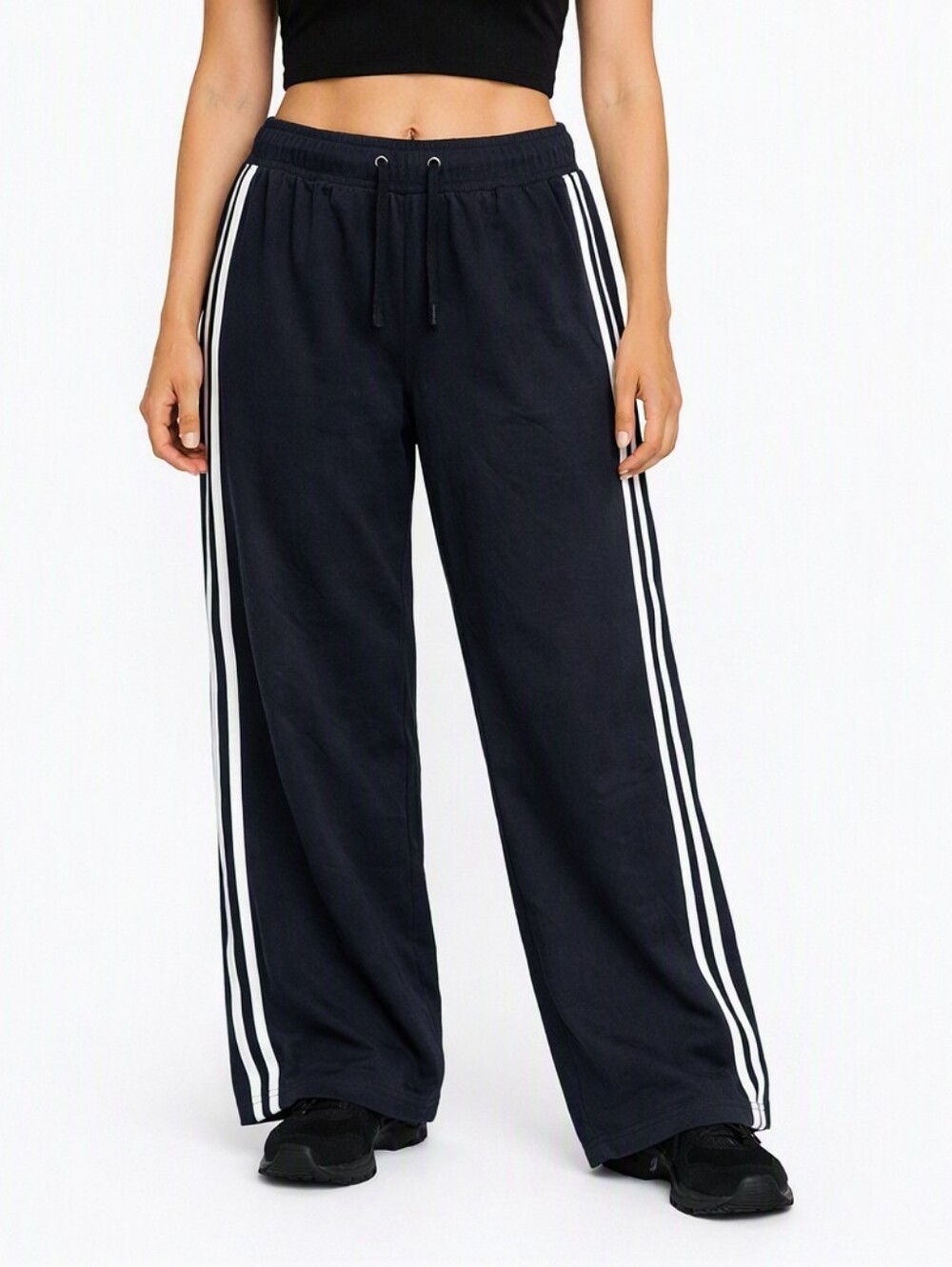 Wide-Leg Track Pants with Side Stripes - Black